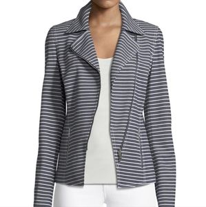 Lafayette 148 Moto Jacket Striped Twill Zip Front Asymmetrical Julius Blue 10